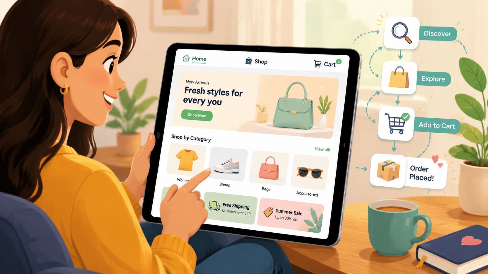 A woman shopping online on a tablet with a diagram showing the ecommerce customer conversion journey.