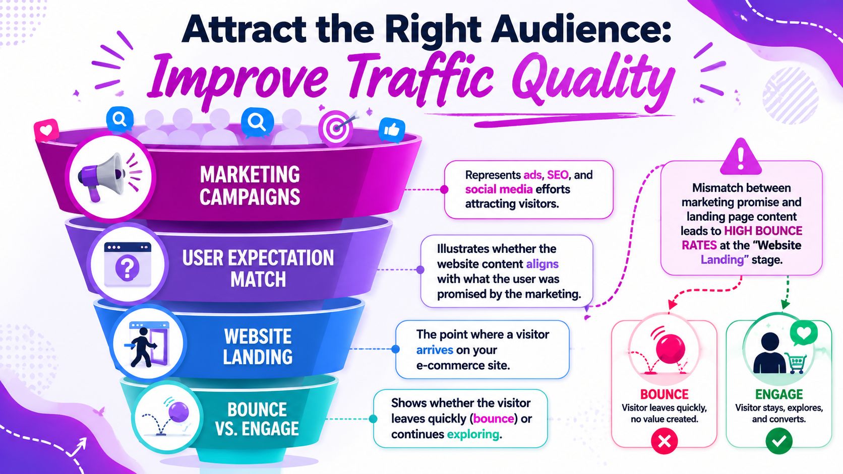 A marketing funnel infographic illustrating how to improve website traffic quality and reduce visitor bounce rates.