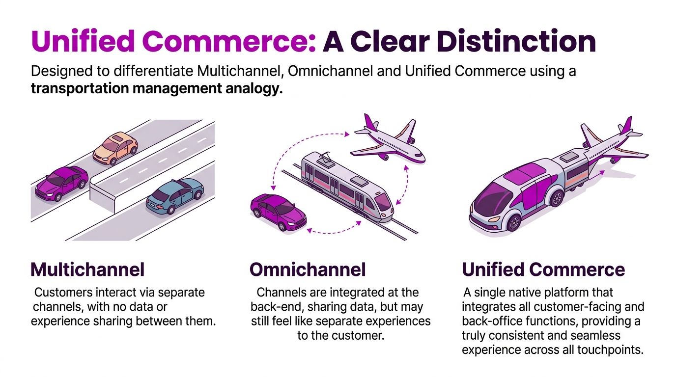 An infographic illustrating the difference between multichannel, omnichannel, and unified commerce using transportation analogies.