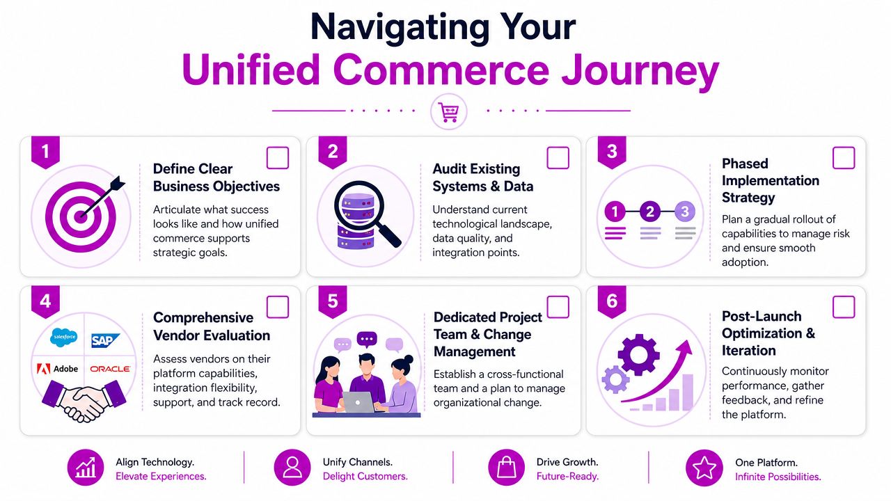 A strategic roadmap infographic illustrating the six key steps for navigating a successful unified commerce journey.