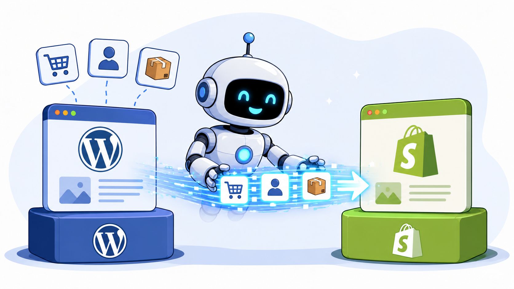 A friendly robot migrating e-commerce data from a WordPress website to a Shopify store platform.