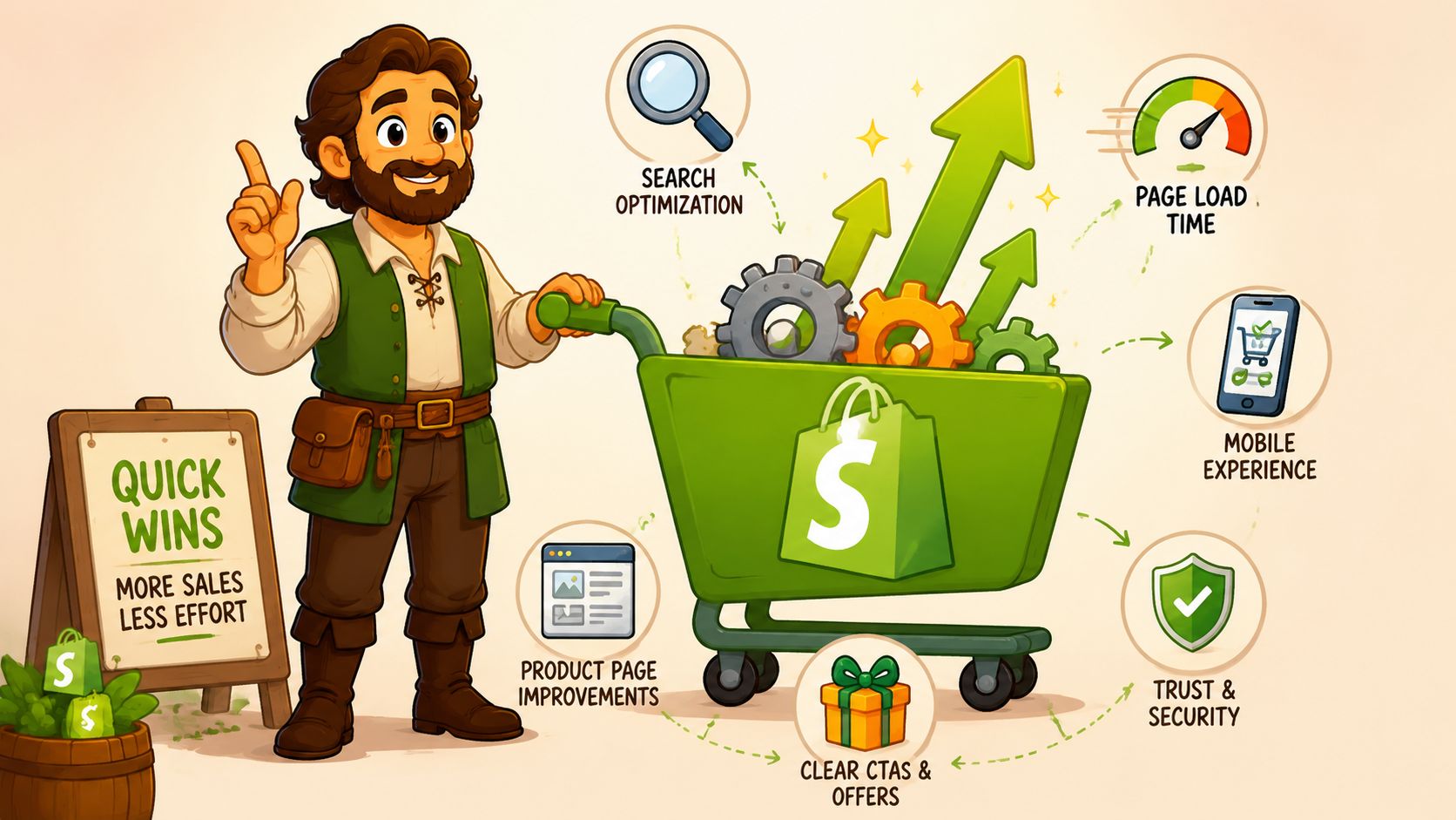 A friendly illustration depicting a merchant character improving an ecommerce shop for better conversion rate results.