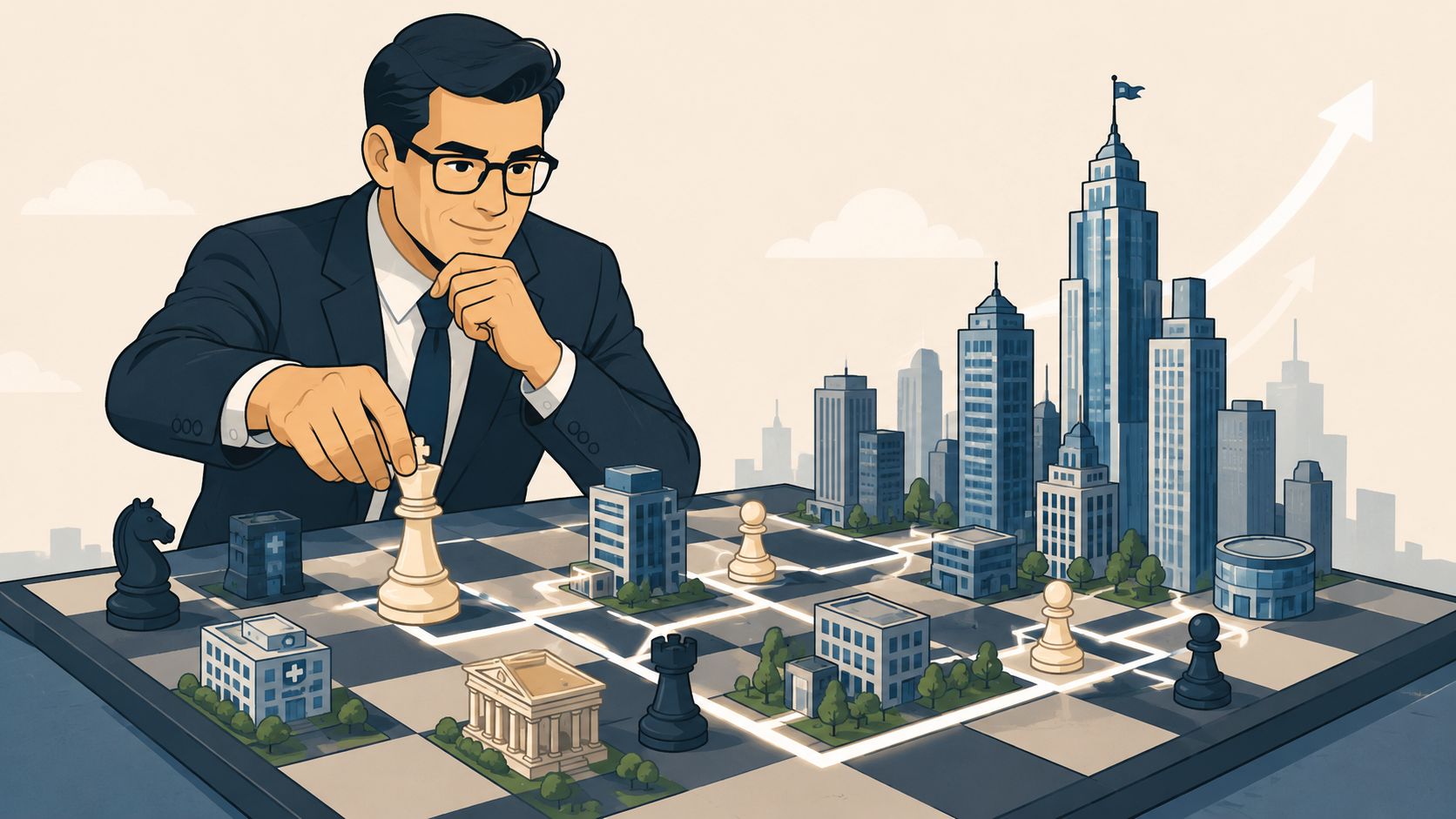 A professional businessman playing a game of chess with buildings representing strategic business planning and growth.