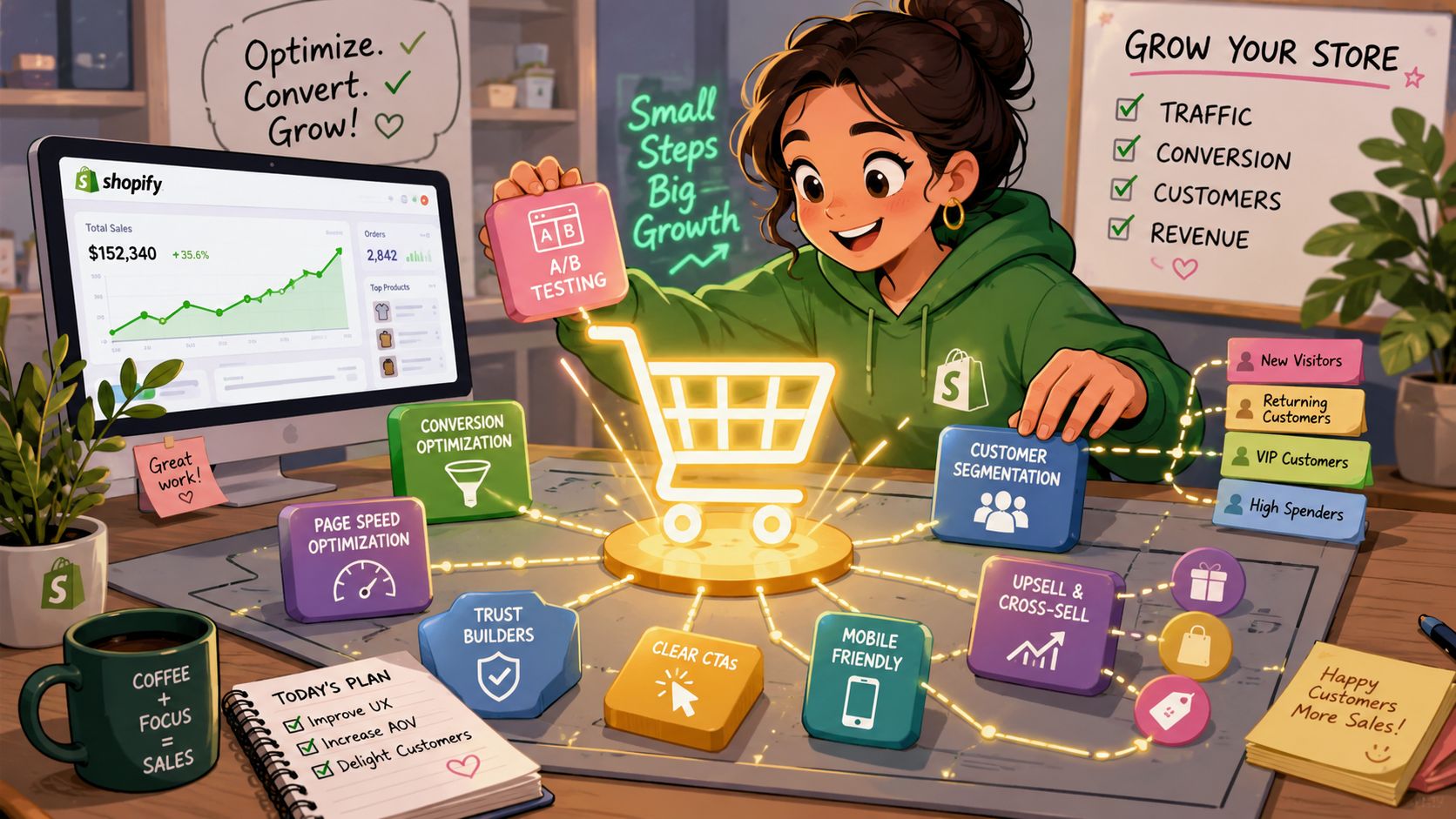 A girl working on an interactive digital dashboard showing Shopify revenue growth, optimization strategies, and marketing techniques.