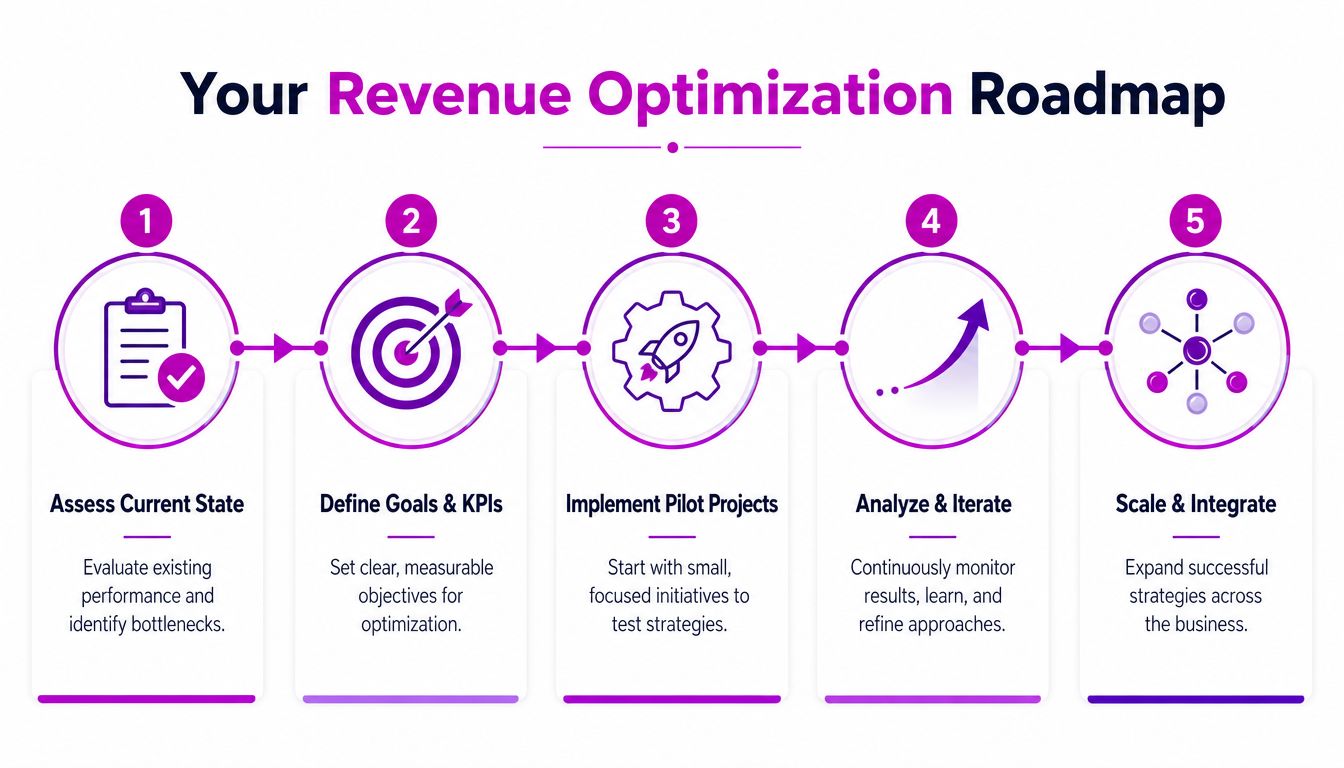 A five-step roadmap infographic for revenue optimization outlining the business strategy from assessment to full-scale integration.