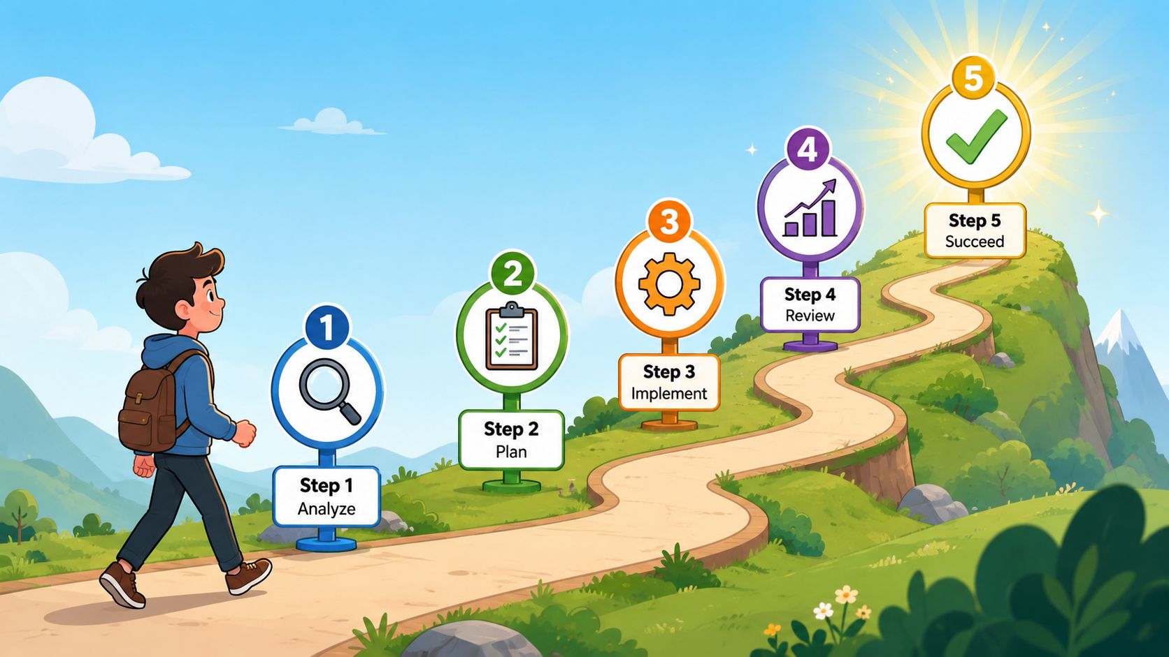 An illustration of a young person walking up a winding path towards five steps of success.