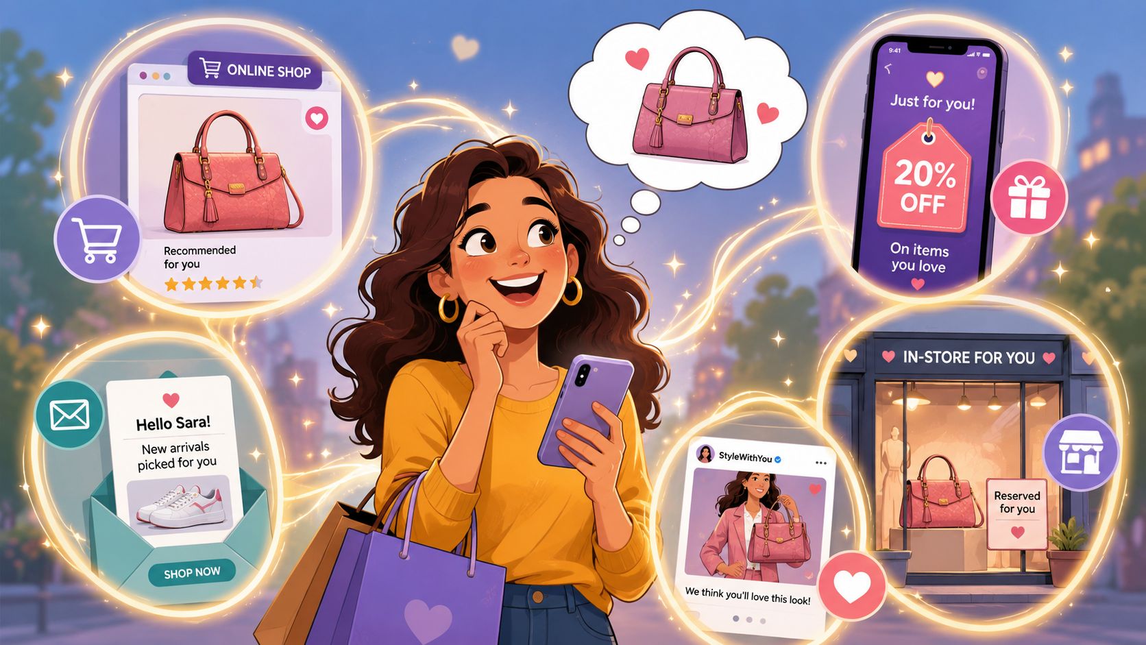 A young woman smiling while browsing personalized fashion advertisements and shopping offers on her smartphone.