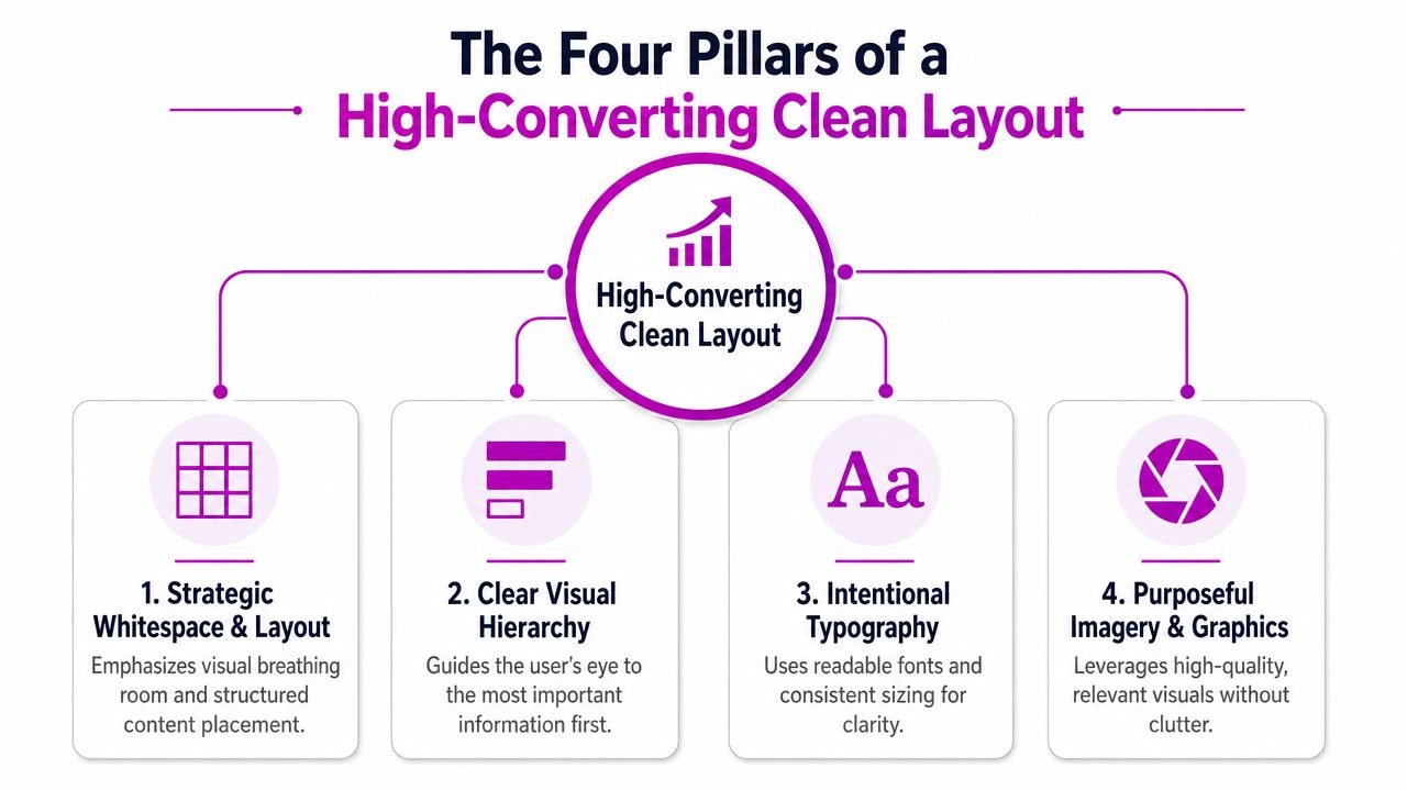 A diagram illustrating the four pillars of a high-converting clean layout for professional website design.