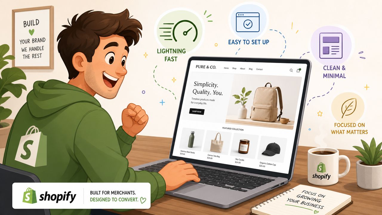 A young man using a laptop to design a clean, minimalist e-commerce website with Shopify branding.