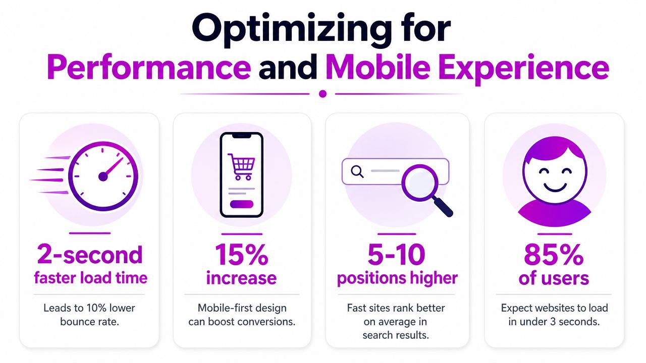 An infographic titled Optimizing for Performance and Mobile Experience highlighting statistics on website load times and user engagement.