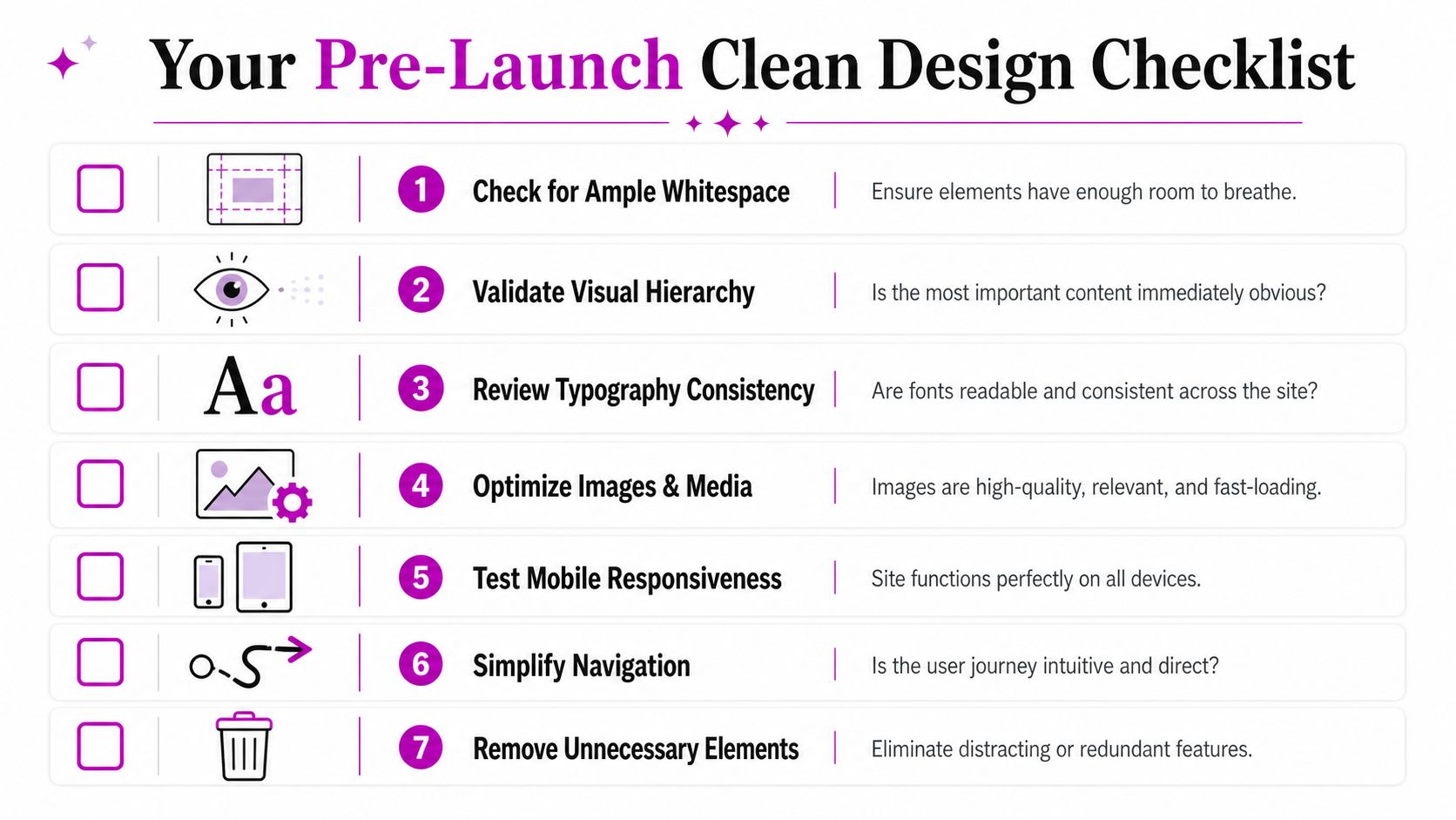 A checklist titled Your Pre-Launch Clean Design Checklist containing seven essential design steps for professional websites.