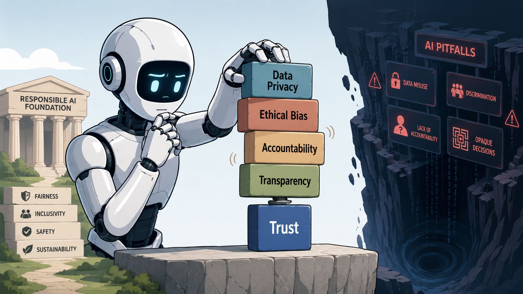 A robot carefully stacking blocks representing ethical AI principles near a pit of potential pitfalls.