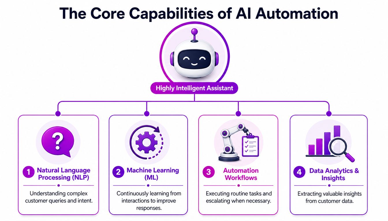 A diagram outlining the four core capabilities of AI automation for a highly intelligent customer service assistant.