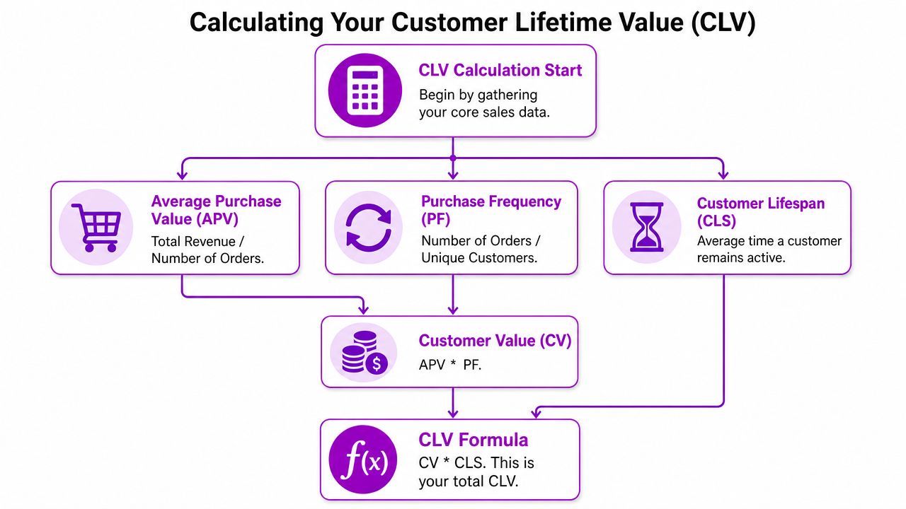 A flow chart showing the step by step process to calculate Customer Lifetime Value using business metrics.
