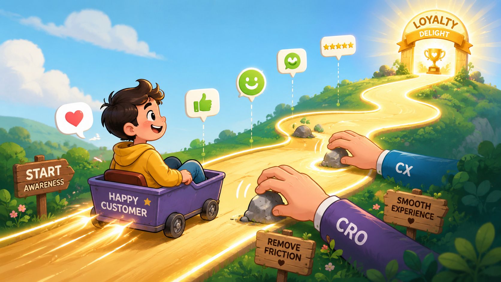 An illustration of a customer's journey from awareness to loyalty, featuring a character being guided along a path.