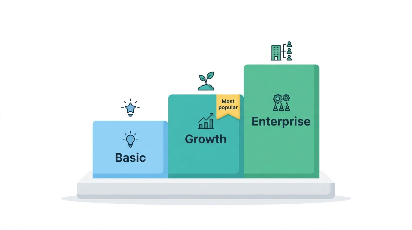 A tiered pricing diagram showing Basic, Growth, and Enterprise subscription levels with icons for each plan.