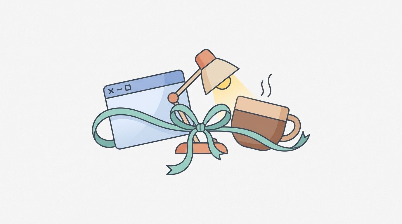 A digital illustration showing a browser window, a desk lamp, and a coffee mug tied together with a ribbon.