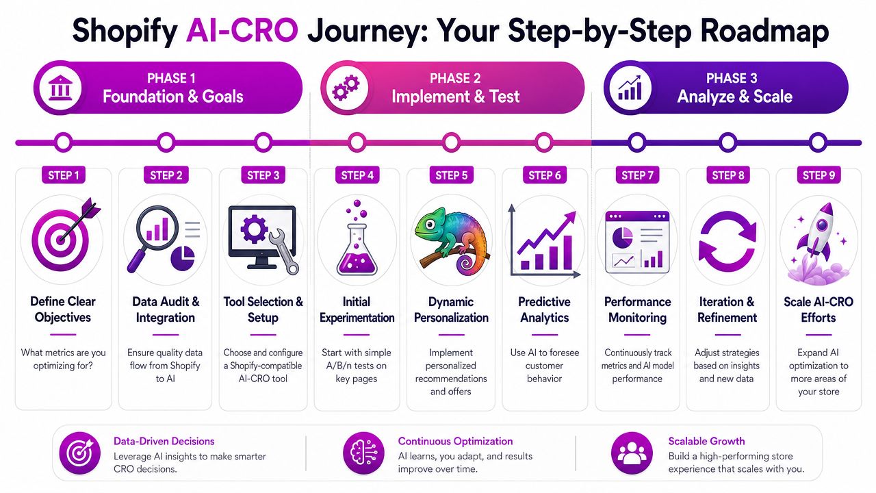 A nine-step Shopify AI-CRO roadmap infographic illustrating phases from foundation and goal setting to scaling efforts.