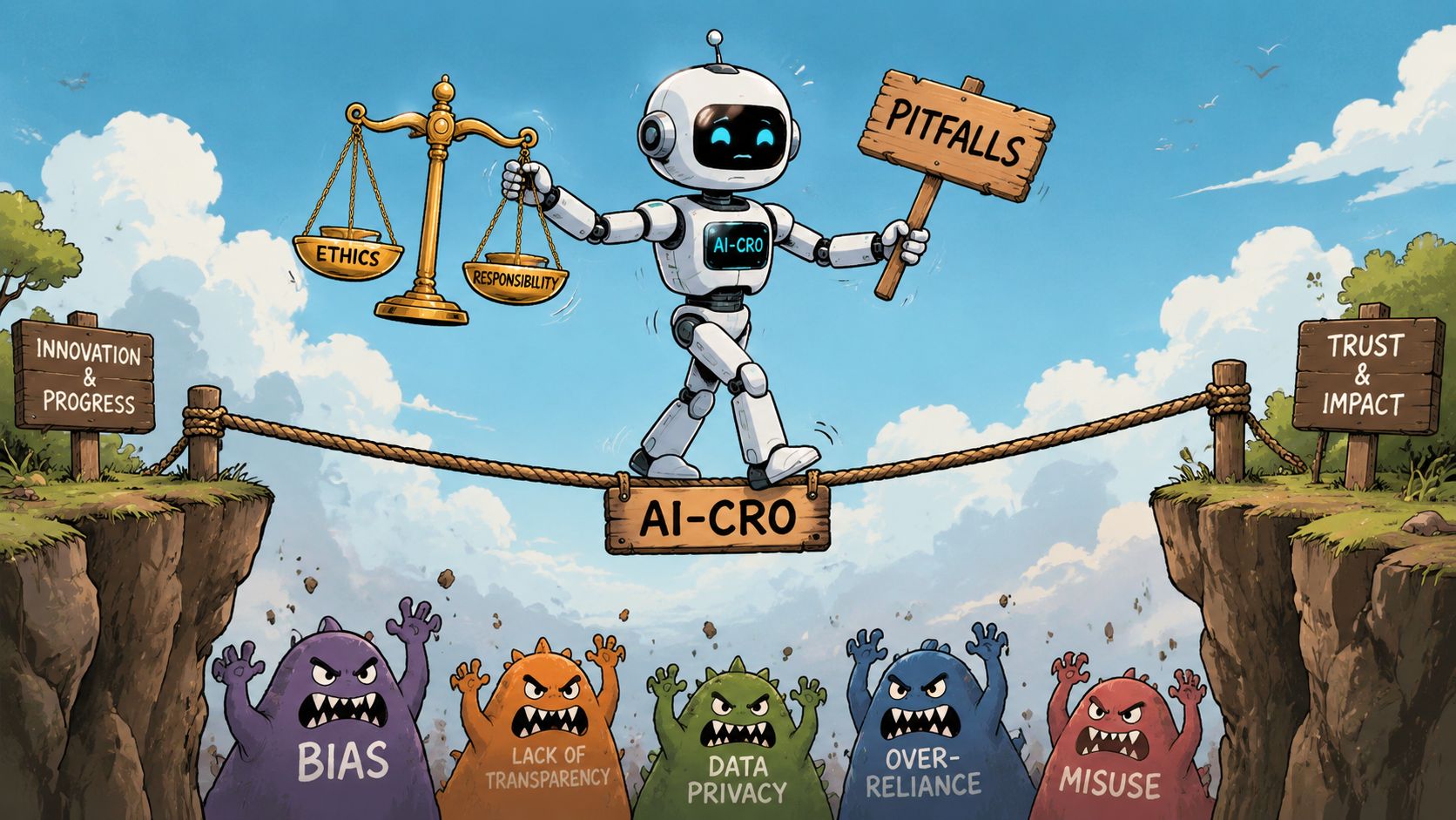 A robot balancing on a rope labeled AI-CRO above scary monsters representing various artificial intelligence ethical challenges.