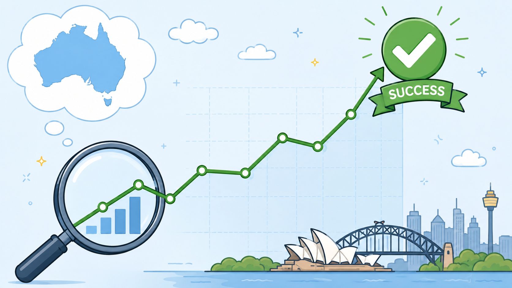 A magnifying glass showing a rising business growth chart over an illustration of the Australian skyline.