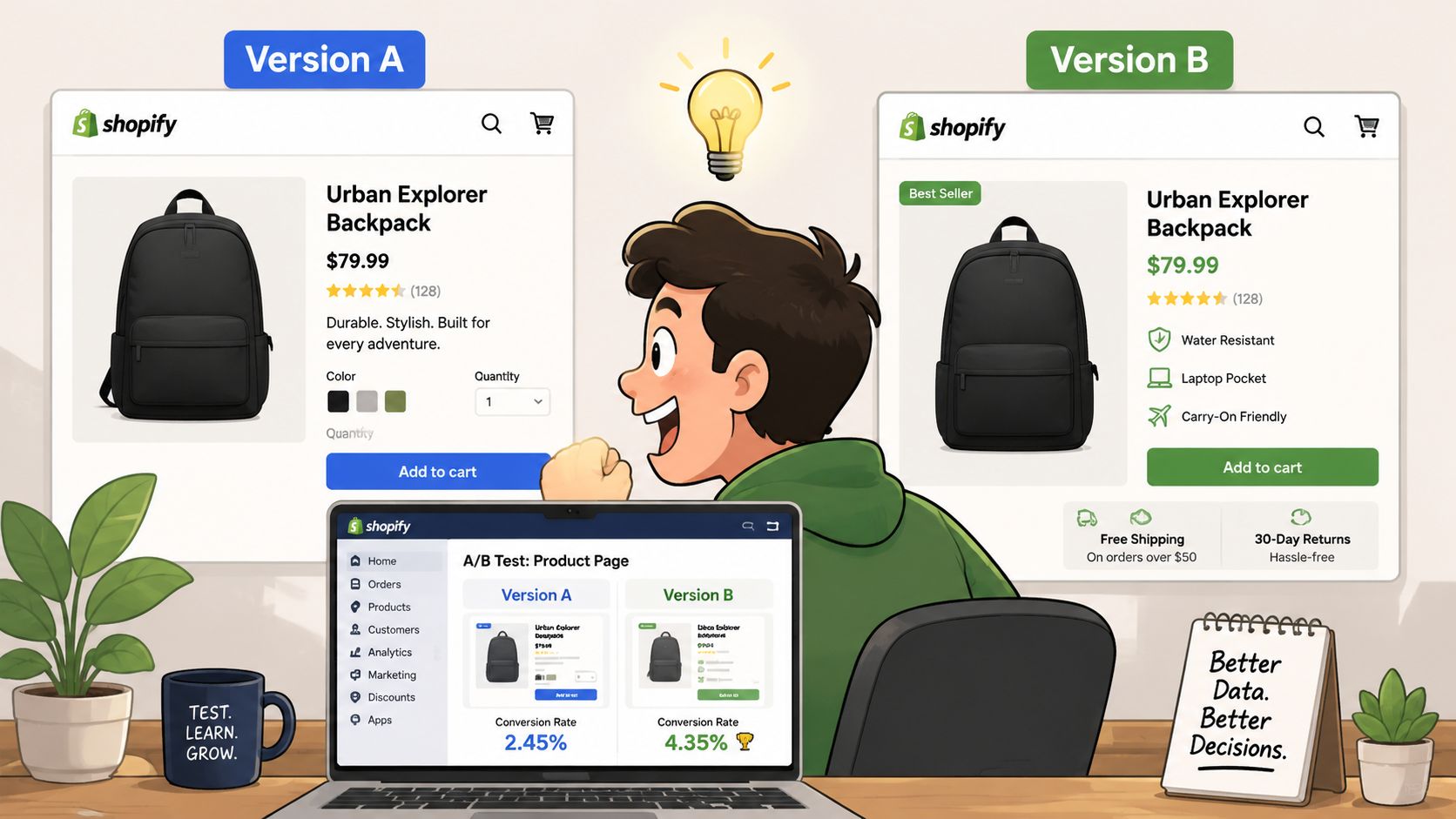 A character compares two Shopify product page designs for conversion rate optimization on a laptop screen.