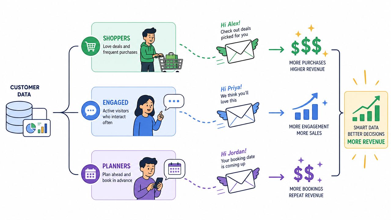 A diagram illustrating how customer data segments shoppers, engaged users, and planners to drive personalized email marketing revenue.