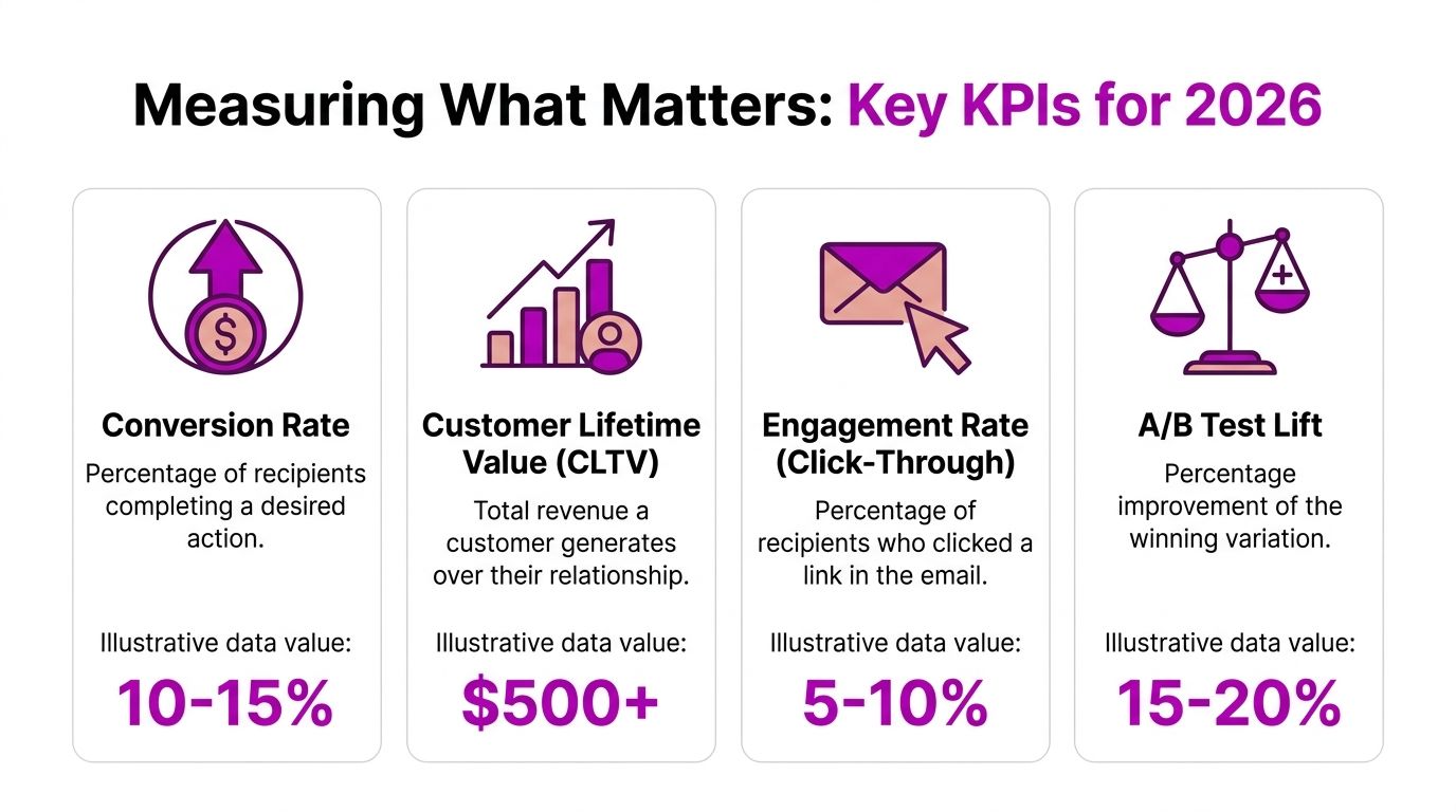 An infographic showing four key performance indicators for email marketing in 2026 with illustrative data values.