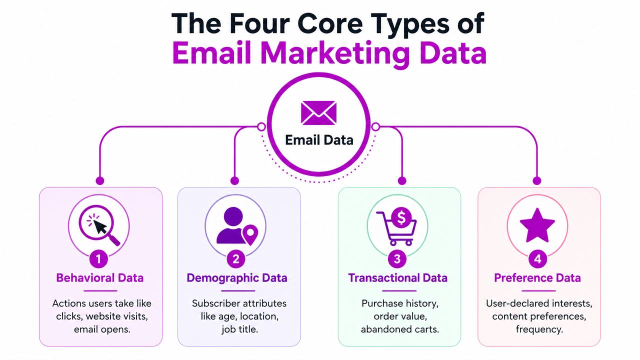 A diagram illustrating the four core types of email marketing data: behavioral, demographic, transactional, and preference.