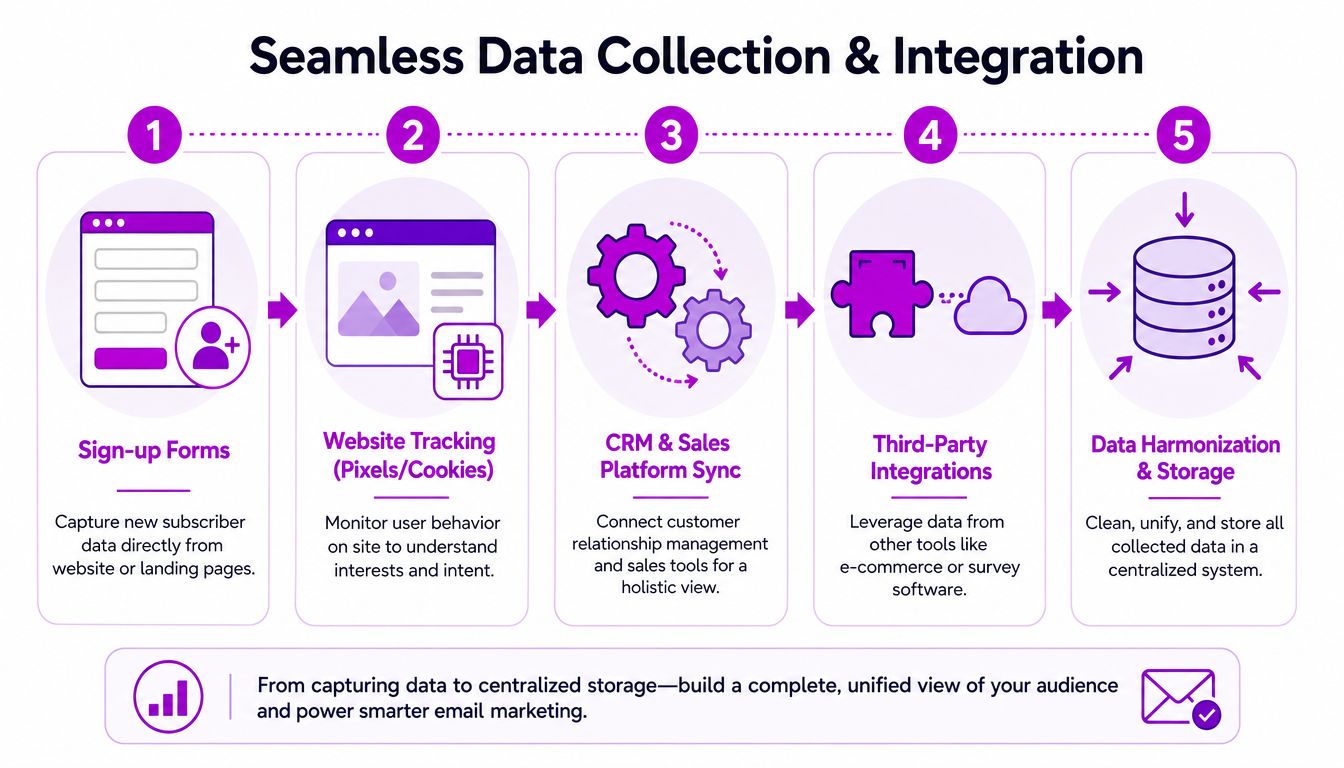 A five-step infographic showing the seamless data collection and integration process for email marketing strategies.