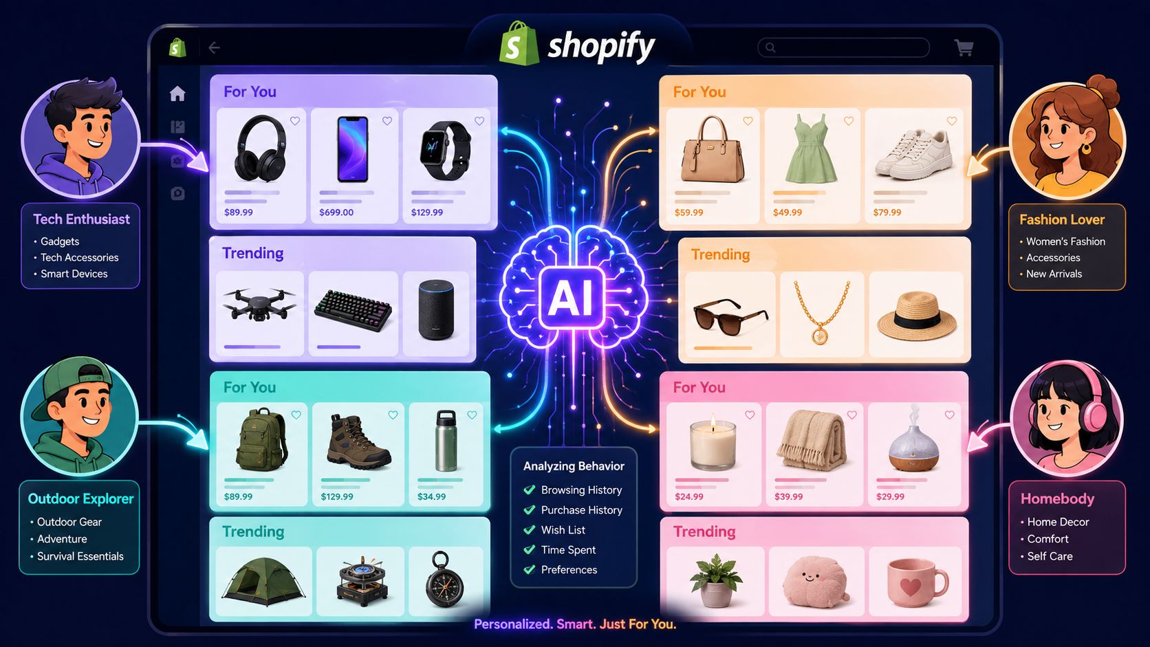A digital illustration showing how Shopify AI analyzes user preferences to display personalized product recommendations to shoppers.