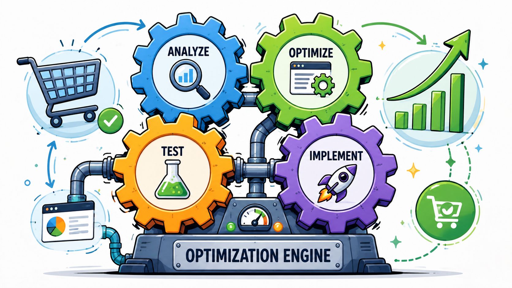 A digital illustration showing a conversion rate optimization engine with four process steps and growth charts.