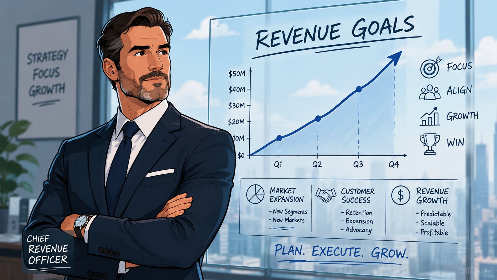 A professional Chief Revenue Officer standing confidently next to a business chart showing projected revenue growth goals.