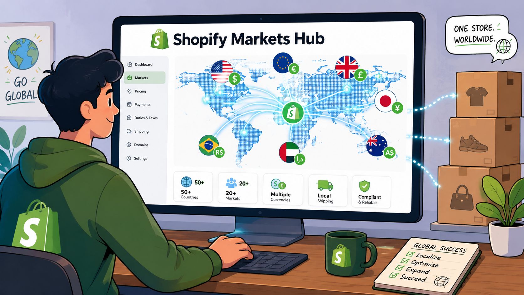 A person using Shopify Markets Hub on a computer screen to manage global ecommerce and shipping.