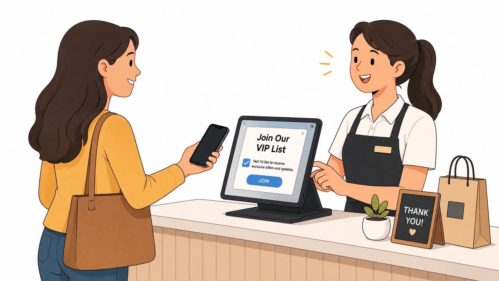 A customer using her phone at a counter while a store employee prepares a purchase registration.