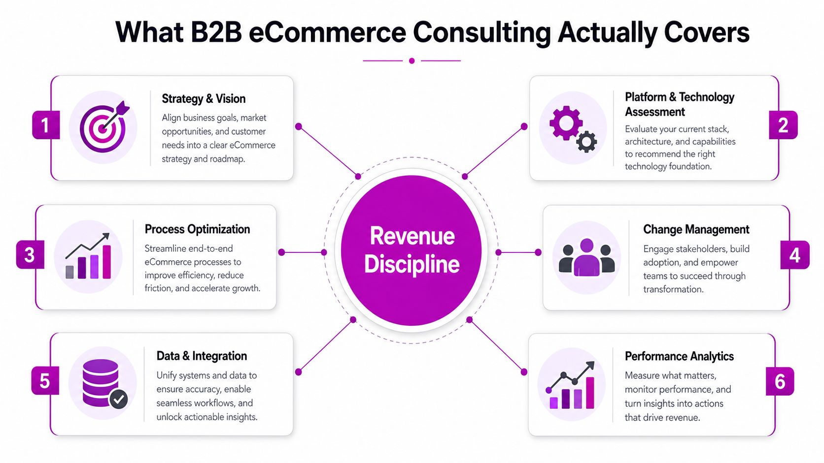 A diagram showing six key areas of B2B eCommerce consulting revolving around revenue discipline central focus.