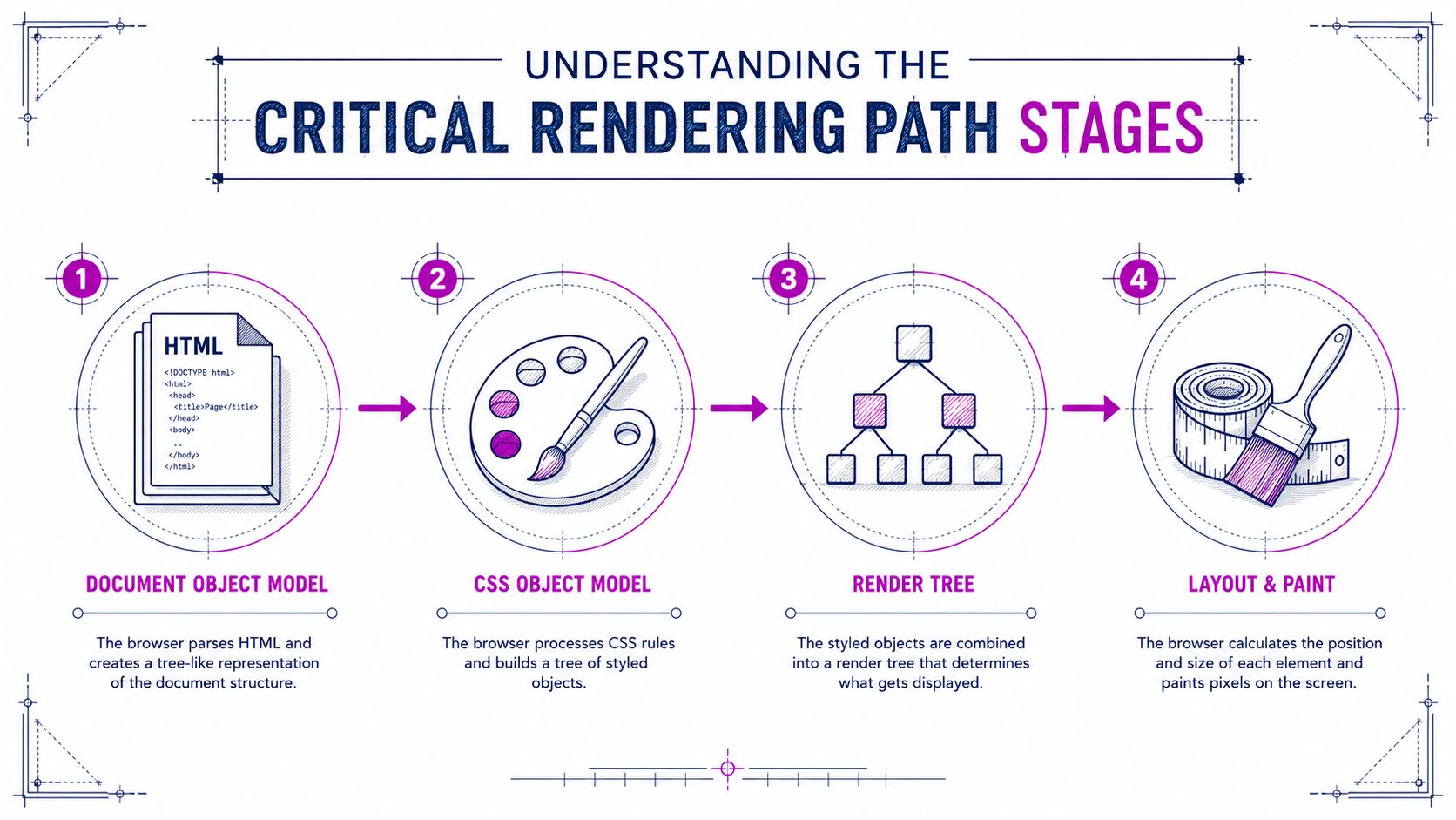 A diagram illustrating the four steps of the critical rendering path for web browsers, including DOM and CSSOM.