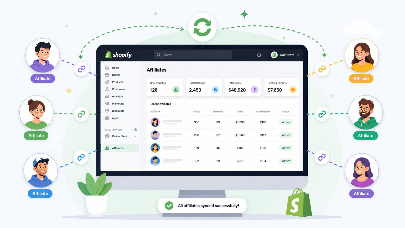 A digital interface showing Shopify affiliate program management with statistics, affiliate lists, and connected team members.