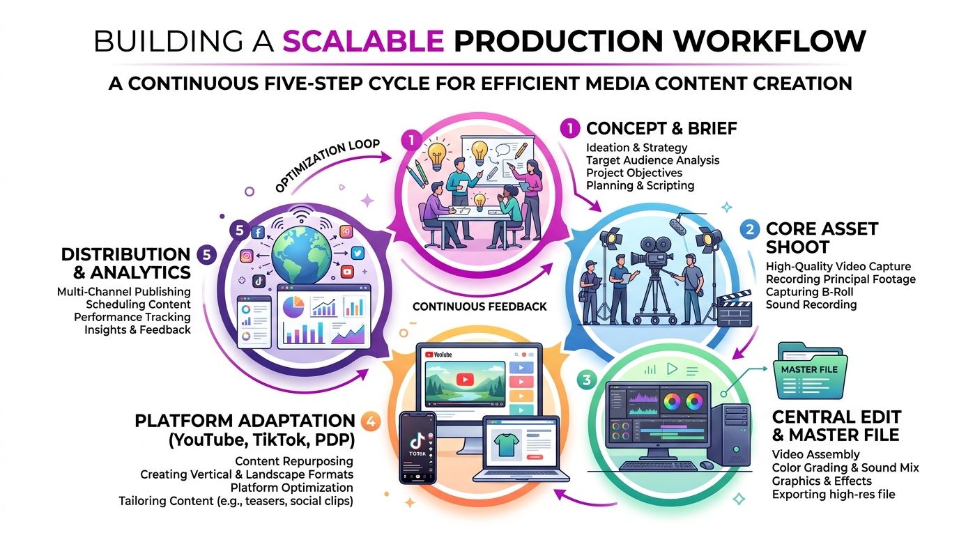 A diagram illustrating a five-step scalable production workflow for efficient media content creation and distribution.