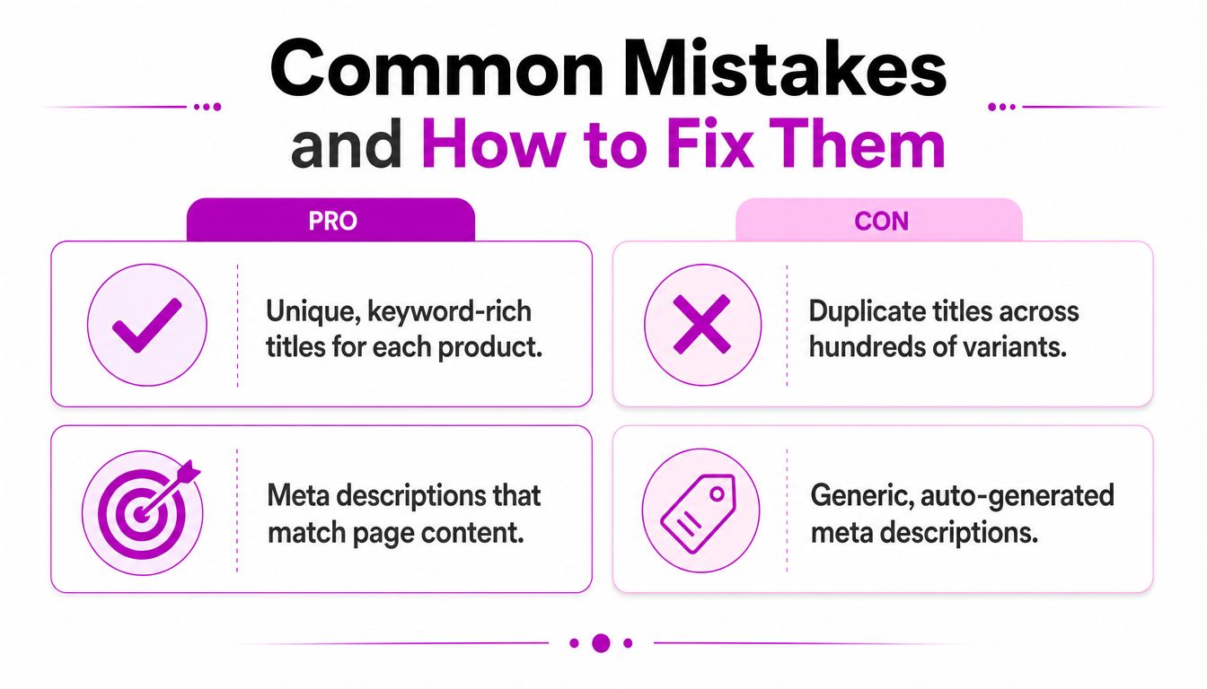 A comparison chart showing best practices for Shopify product titles and meta descriptions versus common SEO mistakes.