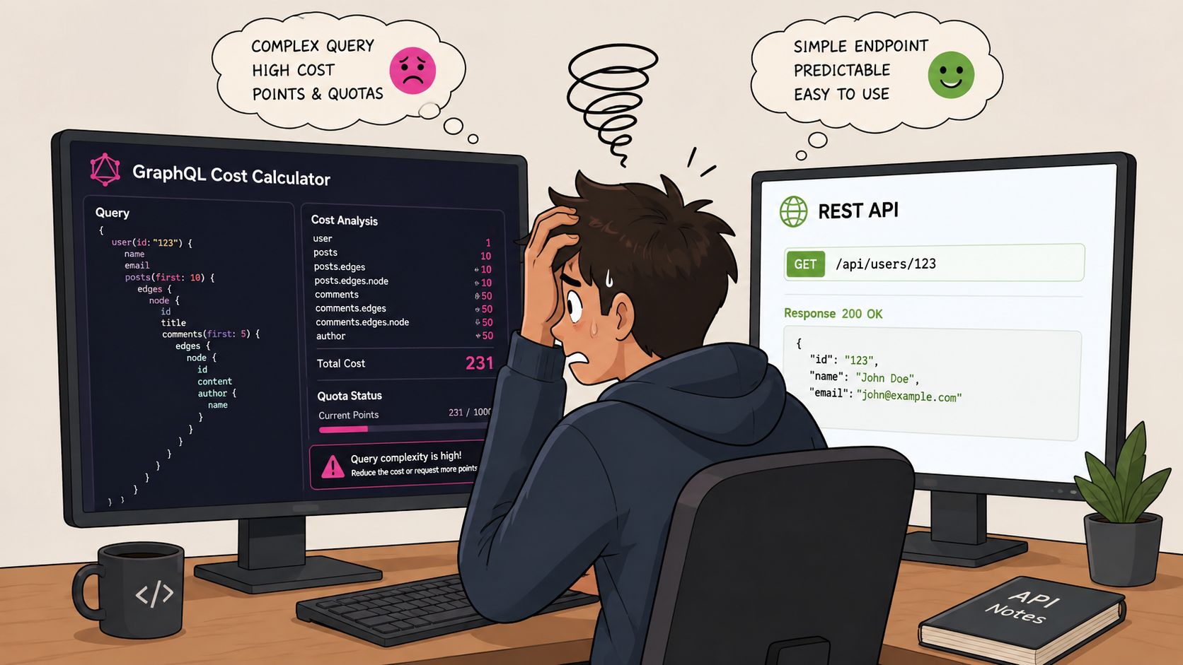 A developer looks stressed comparing a complex GraphQL cost calculation to a simple, predictable REST API response.