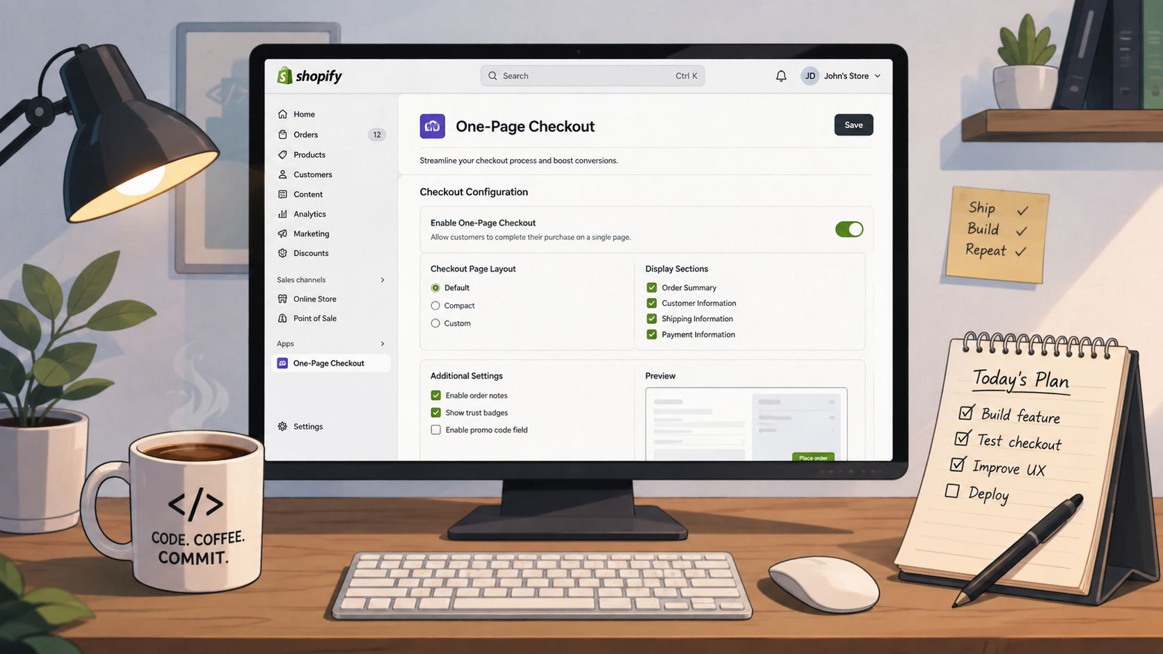 A professional desk workspace featuring a computer screen showing Shopify's One-Page Checkout configuration settings and tools.