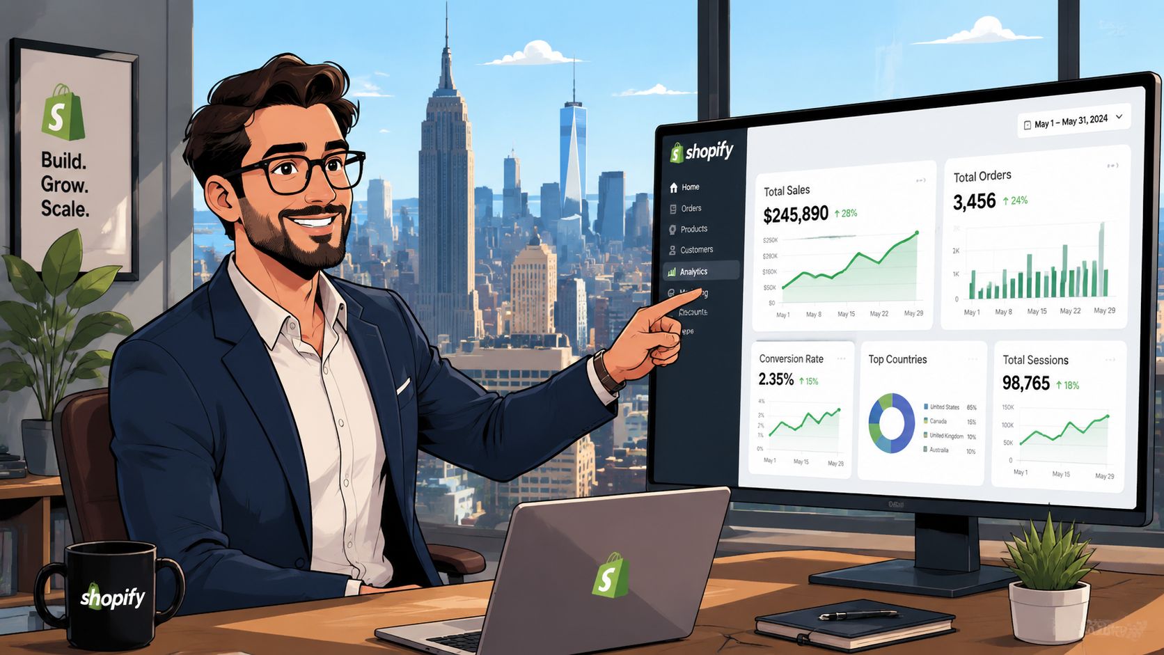 A professional man pointing at a computer screen showing Shopify analytics in a New York office.