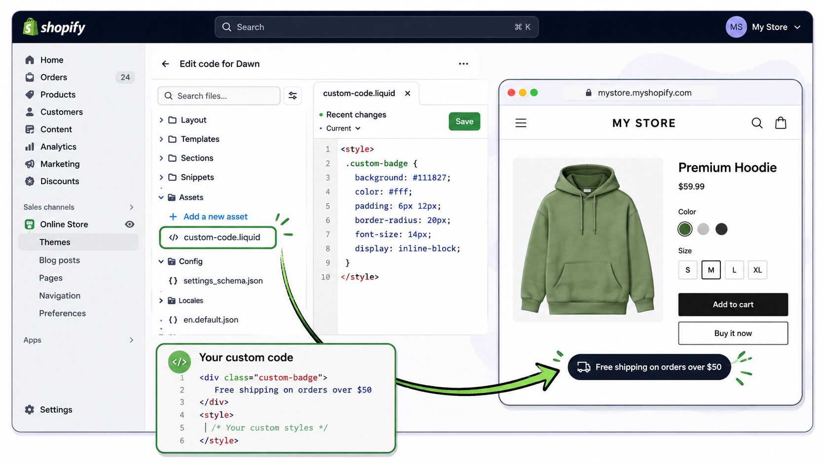 A digital illustration showing how to add custom code snippets to a Shopify store product page.