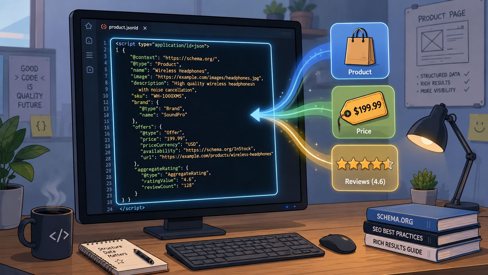 A computer screen showing JSON-LD structured data code for an e-commerce product, including price and ratings.