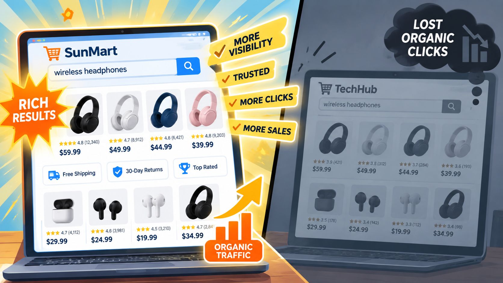 A comparison between an e-commerce store with structured data rich results versus one without, showing increased traffic.