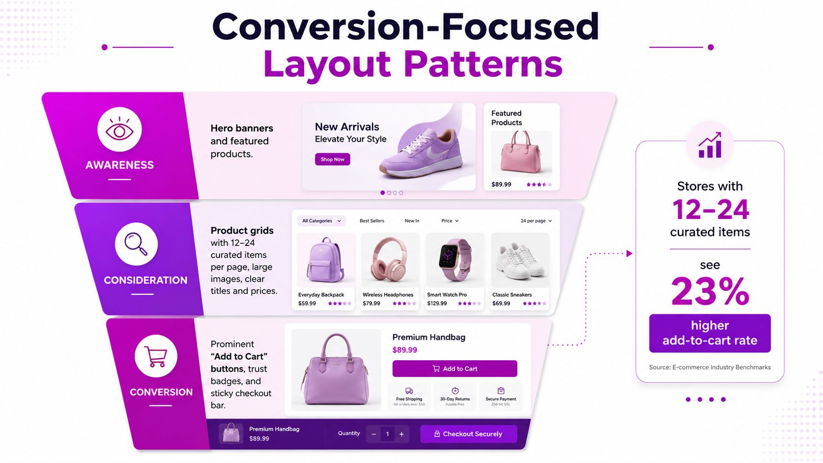 An infographic illustrating conversion-focused layout patterns for e-commerce, showing stages of awareness, consideration, and conversion for shopping.