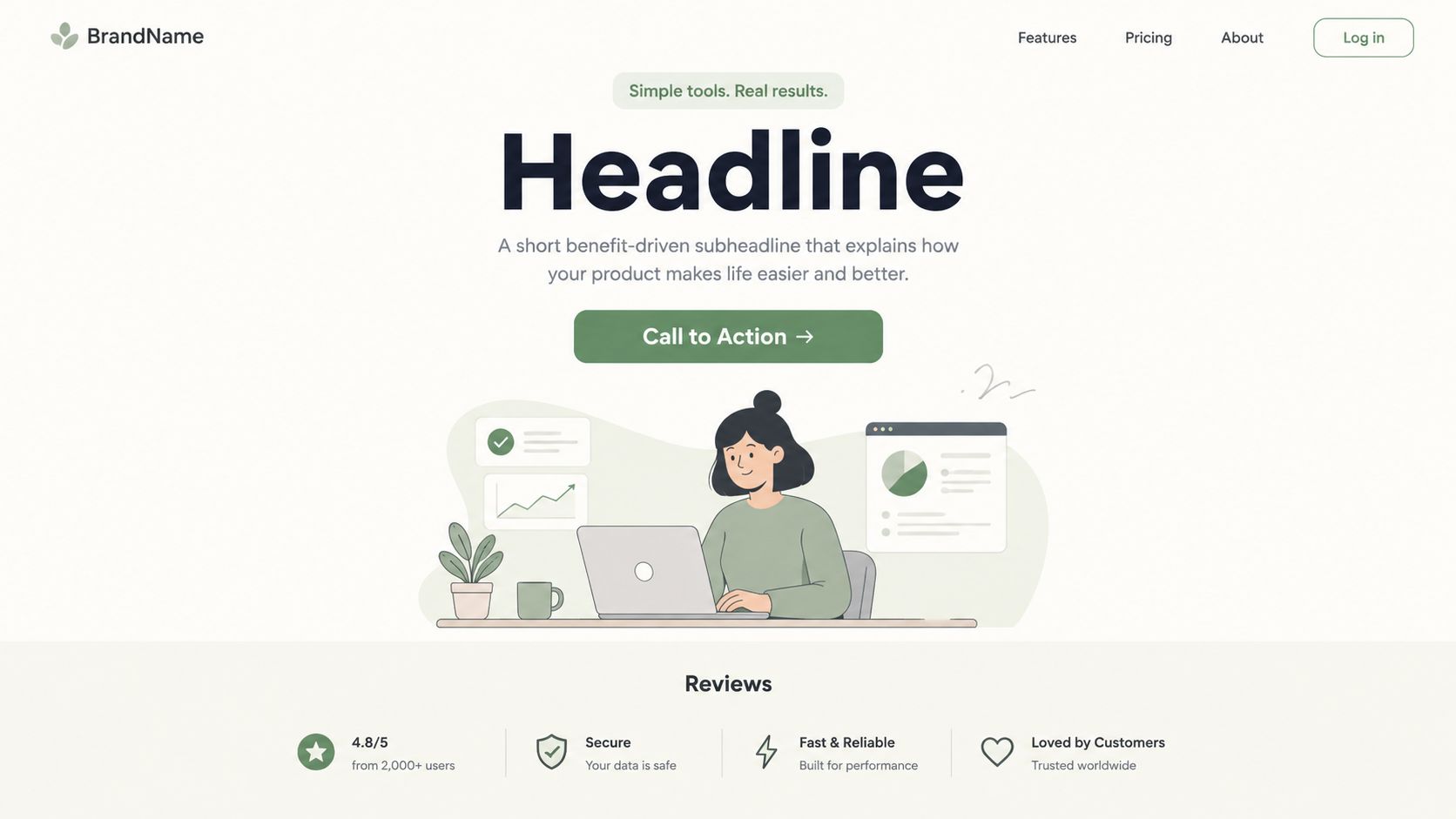A modern website landing page design featuring a hero section, headline, call to action, and trust indicators.