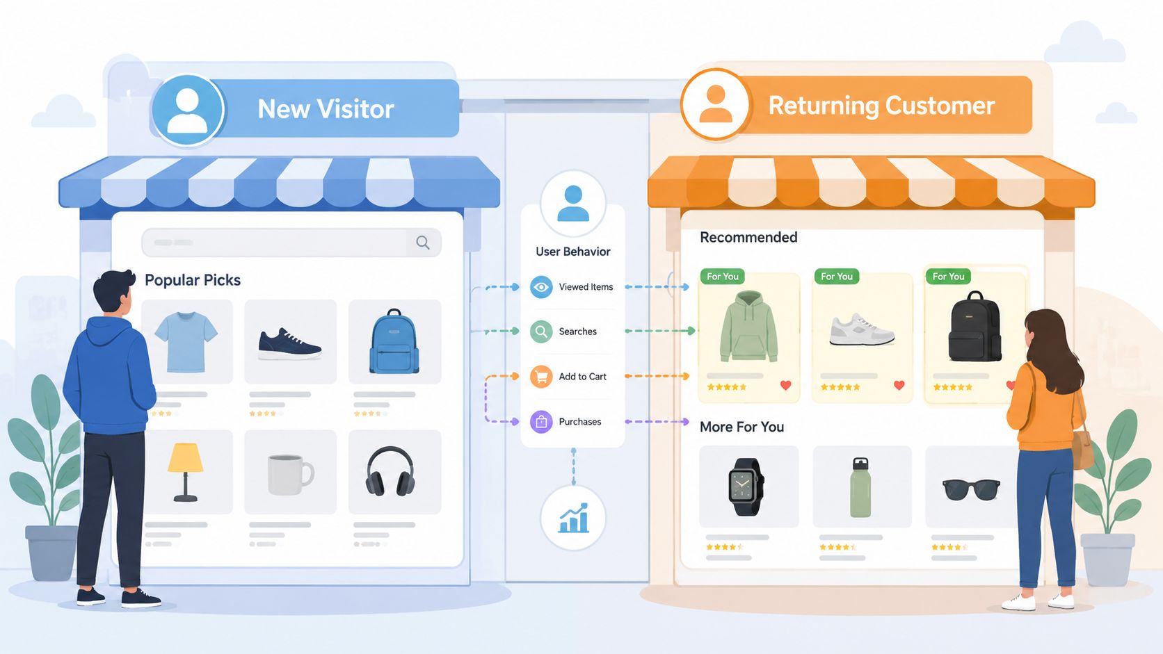 An infographic illustrating how customer data drives personalized e-commerce shopping experiences for new and returning visitors.