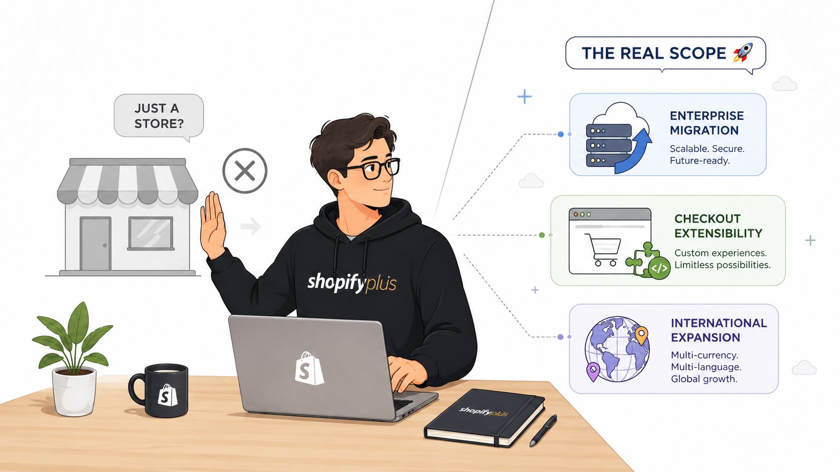 A professional illustration of a man working on a Shopify Plus laptop, highlighting enterprise e-commerce solutions.