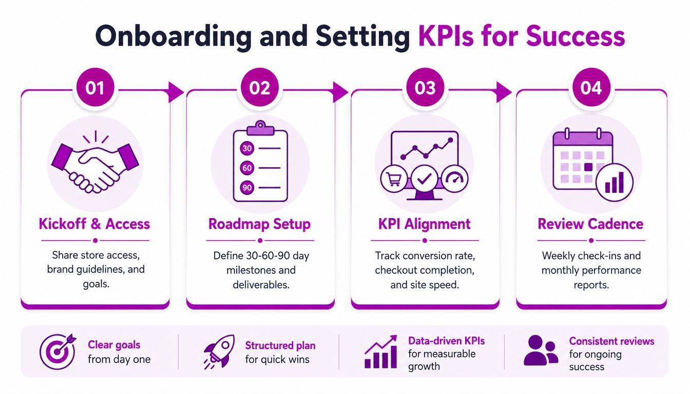 A four-step infographic illustrating the onboarding process for Shopify Plus experts, focusing on setting KPIs for success.